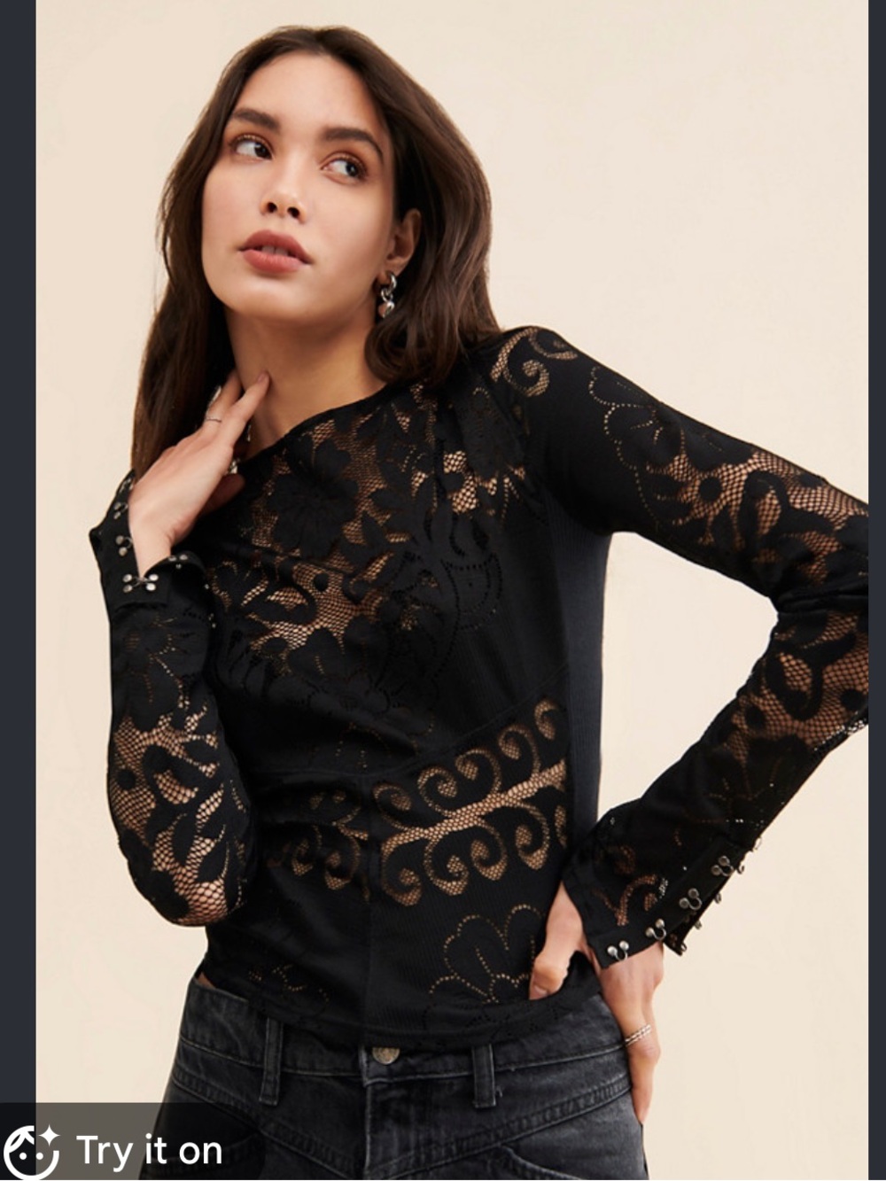 Free People Black Floral Lace Long-Sleeve Top